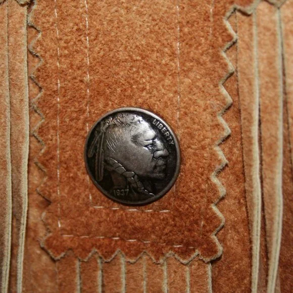 Tribe America Tan Genuine Suede Leather, Fringe along the yoke and sleeves Sz 10 - Picture 13 of 14